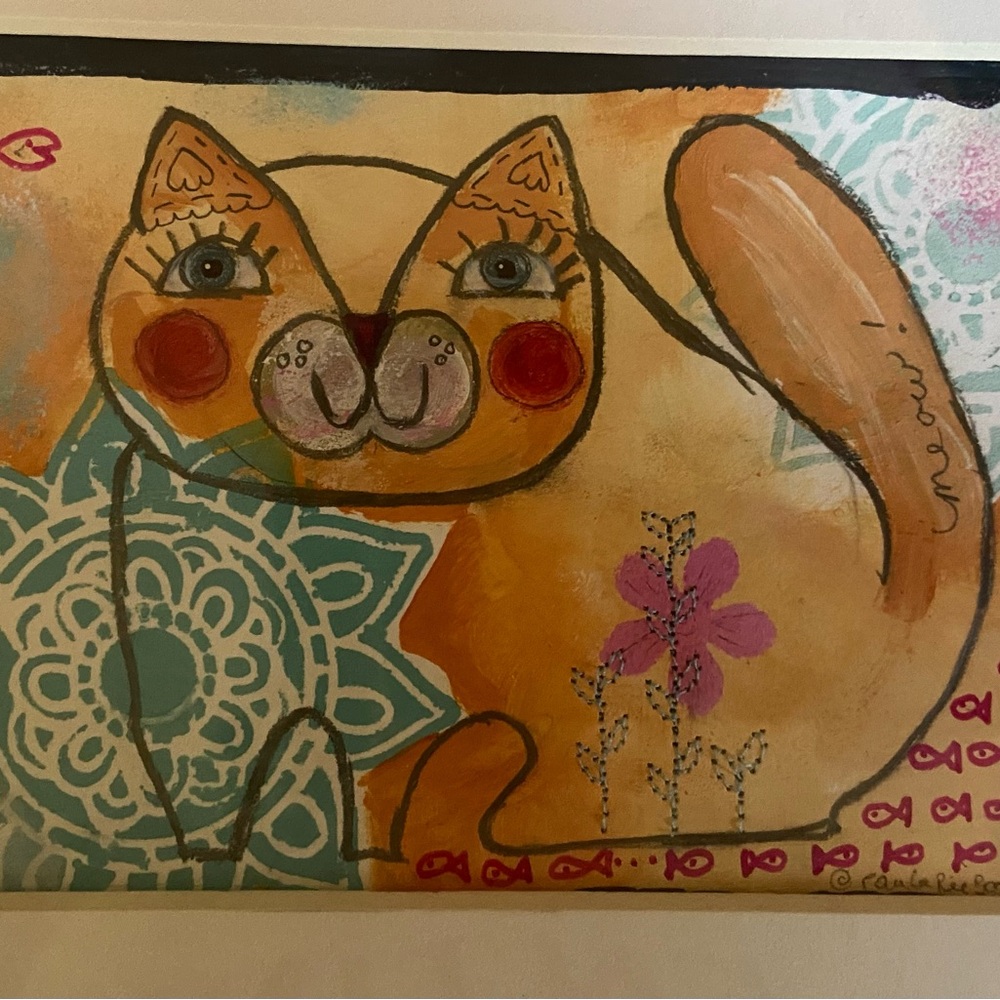 Whimsical Orange and Pink Mixed Media Cat Art